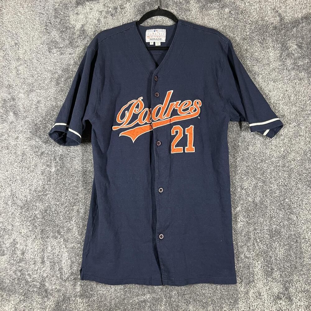 Padres Shirt Mens M Blue Short Sleeve Button Up 21 Mirage Cotton Jersey